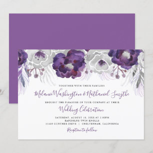Purple Silver Watercolor Floral wedding Invitation