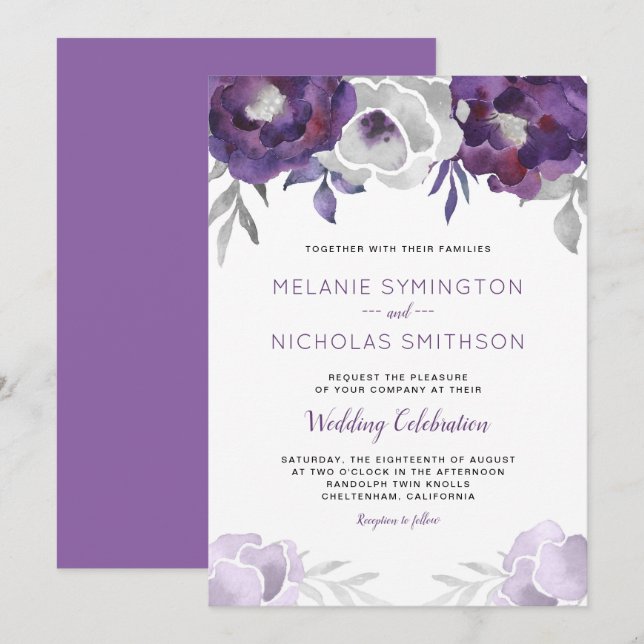 Purple Silver Watercolor Floral wedding invitation (Front/Back)