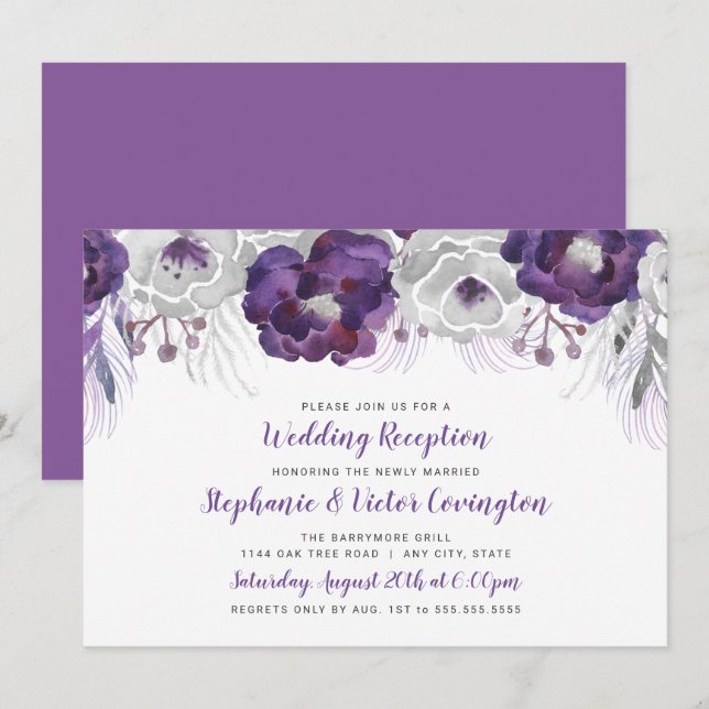 Purple Silver Watercolor Floral wedding reception Invitation (Front/Back)
