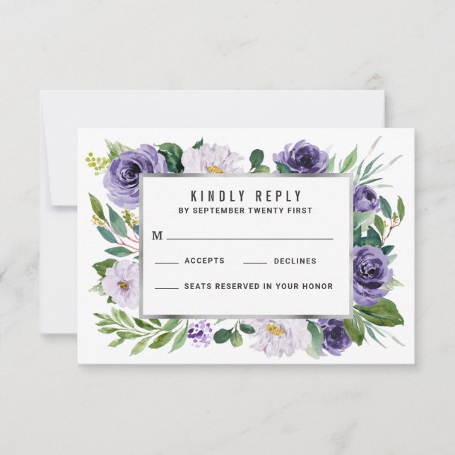 Purple Silver Watercolor Floral Wedding RSVP Cards (Front)