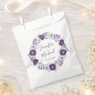 Purple & Silver Watercolor Floral Wreath Wedding Favour Bags