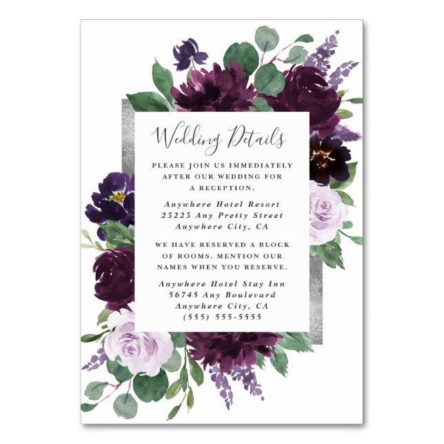 Purple  Silver Watercolor Wedding Enclosure Cards (Front)