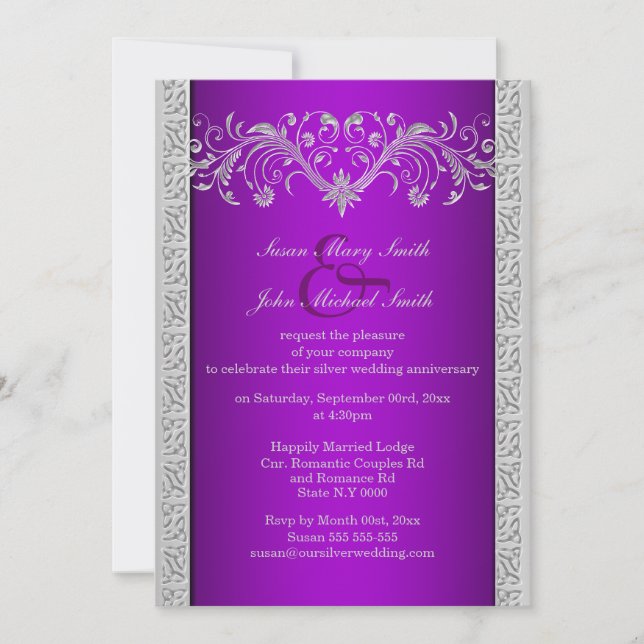 Purple silver wedding anniversary floral invitation (Front)