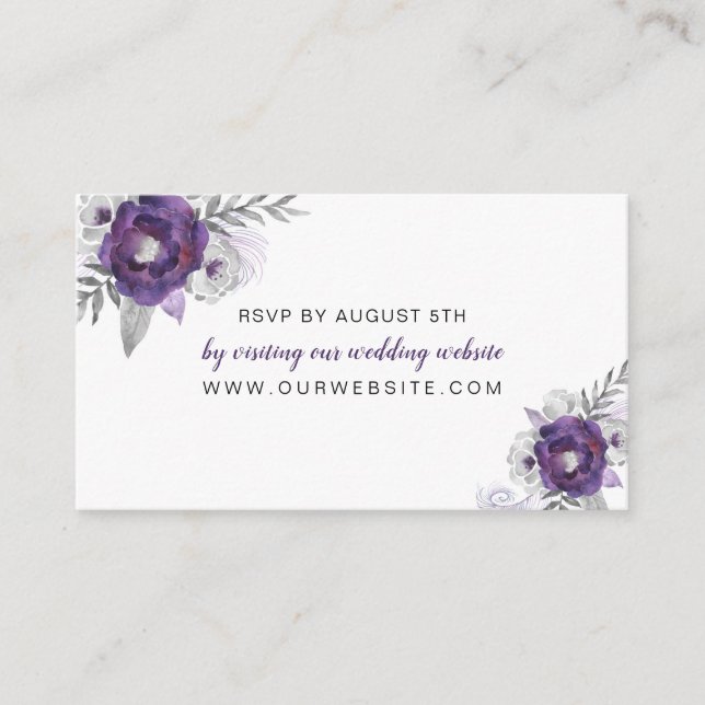 Purple Silver Wedding RSVP online website cards (Front)