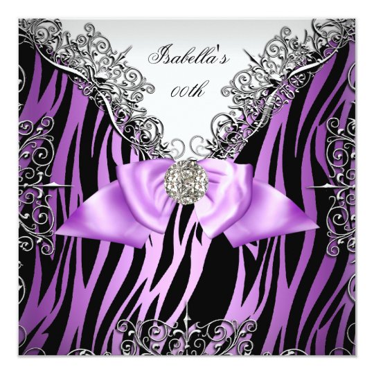 Purple Silver White Black Zebra Birthday Party Card