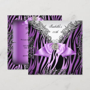 Purple Silver White Black Zebra Birthday Party Invitation