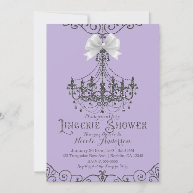 Purple & Silver White Bow Lingerie Shower Invitation (Front)