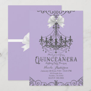 Purple & Silver White Bow Quinceañera 15 15th Invitation