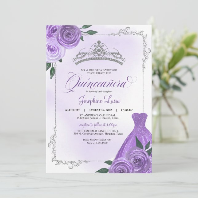Purple Silver & White Floral Tiara Quinceañera Inv Invitation (Standing Front)