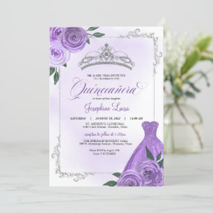 Purple Silver & White Floral Tiara Quinceañera Inv Invitation