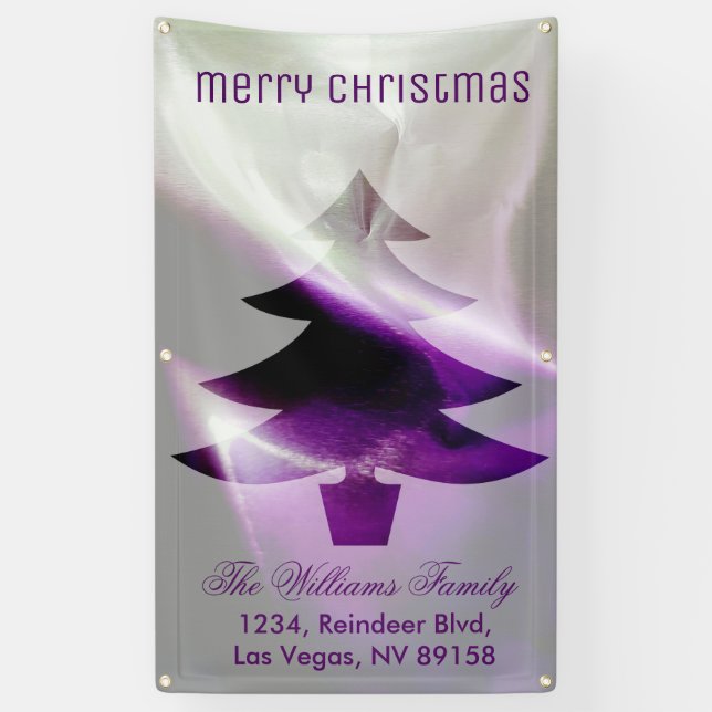 Purple Silver White Merry Christmas Tree Chic Banner (Vertical)