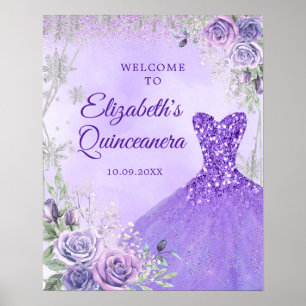 Purple Silver Winter Floral Quinceañera Welcome Poster