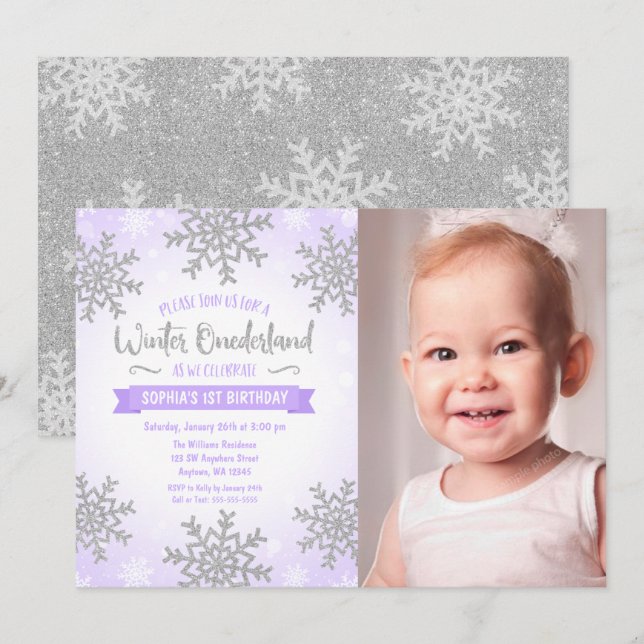 Purple Silver Winter ONEderland 1st Birthday Photo Invitation (Front/Back)