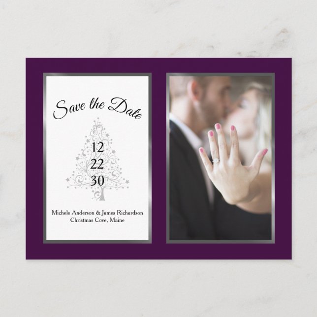Purple Silver Winter Wedding Save The Date Photo Announcement Postcard (Front)