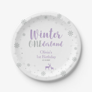 Purple & Silver, Winter Wonderland Birthday Party Paper Plate