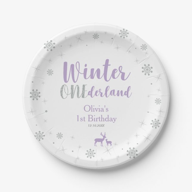 Purple & Silver, Winter Wonderland Birthday Party Paper Plate (Front)