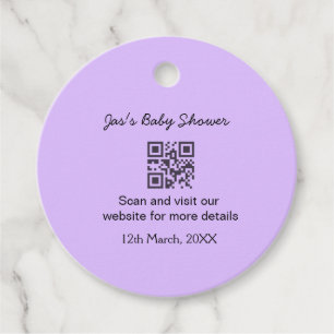 Purple simple baby shower q r code add name text favour tags