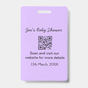 Purple simple baby shower q r code add name text ID badge