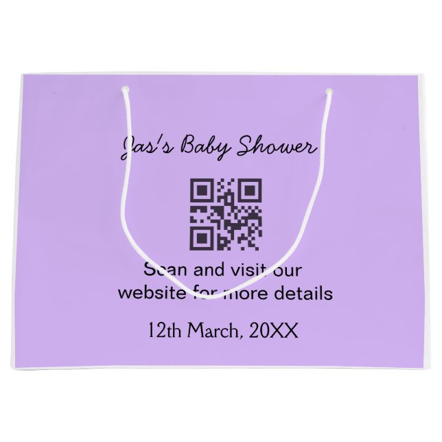 Purple simple baby shower q r code add name text large gift bag (Front)