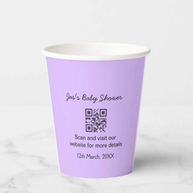 Purple simple baby shower q r code add name text paper cups (Front)