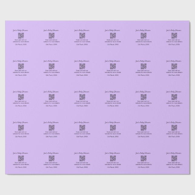 Purple simple baby shower q r code add name text wrapping paper (Flat)