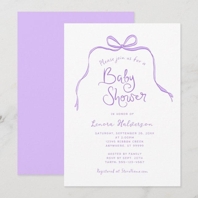 Purple Simple Bow Baby Shower Invitation (Front/Back)
