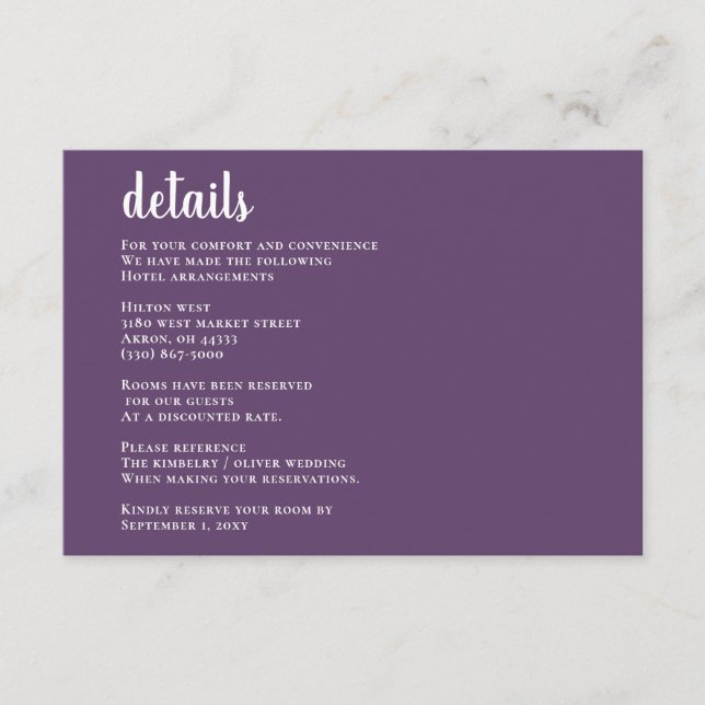 Purple Simple Calligraphy Modern Wedding    Enclosure Card (Front)