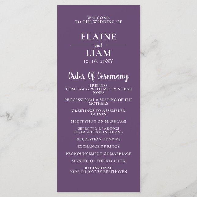 Purple Simple Calligraphy Modern Wedding   Programme (Front)