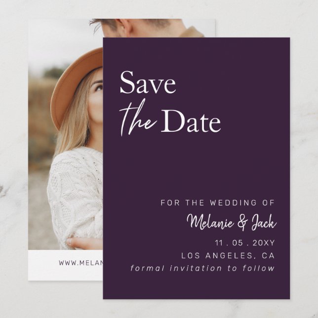 Purple Simple Calligraphy Photo Save The Date (Front/Back)