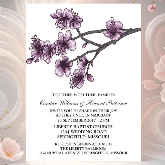 Purple Simple Cherry Blossoms Wedding Invite (Purple Simple Cherry Blossom Wedding Invite)