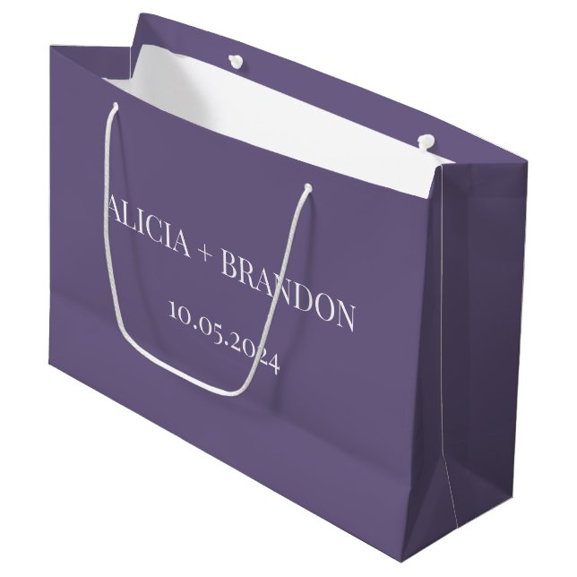 Purple Simple Elegant Modern Wedding Large Gift Bag (Front Angled)