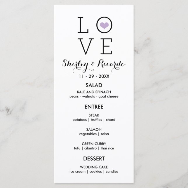 Purple Simple Love Wedding Menu Cards (Front)