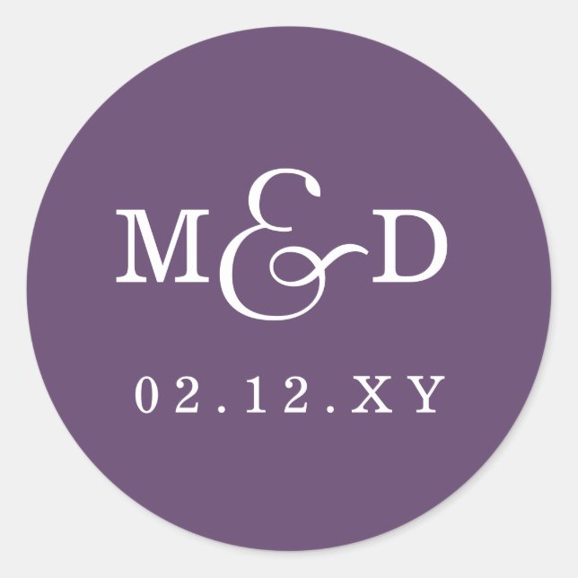 Purple Simple Modern Monogram Wedding Classic Round Sticker (Front)