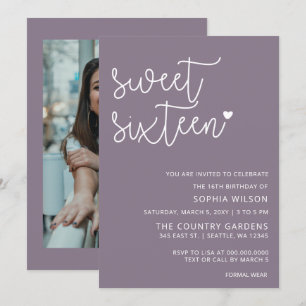 Purple Simple Script Sweet 16 Birthday Photo  Invitation