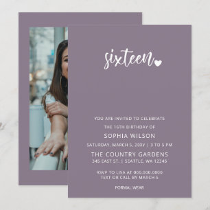 Purple Simple Script Sweet 16 Birthday Photo Invitation