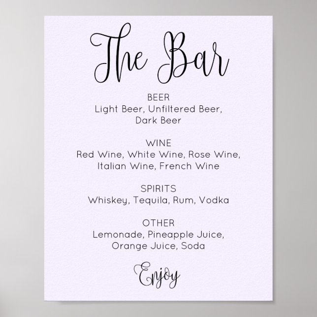 Purple simple script wedding bar. Alcohol drinks Poster (Front)