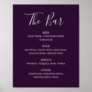 Purple simple script wedding drinks bar menu poster