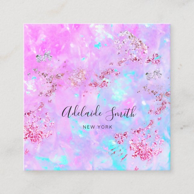 purple simulated glitter on faux iridescent opal square business card (Front)