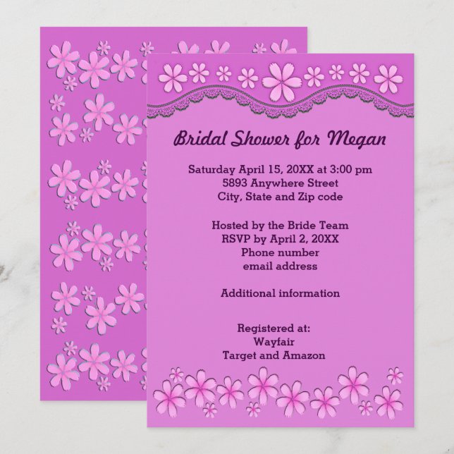 Purple Six Petal Pink Flowers Bridal Shower Invite (Front/Back)