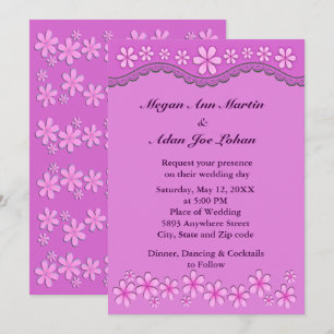 Purple Six Petal Pink Flowers Wedding Invitation