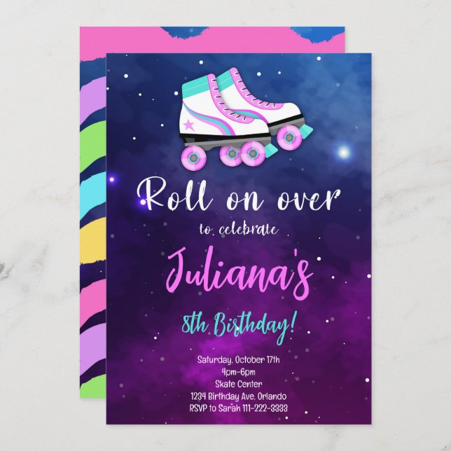 Purple Skate Roll On Over Birthday Invitation (Front/Back)