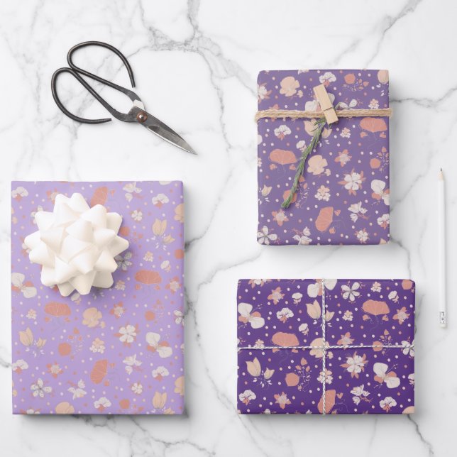 Purple Sketched Flowers Wrapping Paper Sheet (Front)