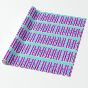 Purple skis on blue wrapping paper