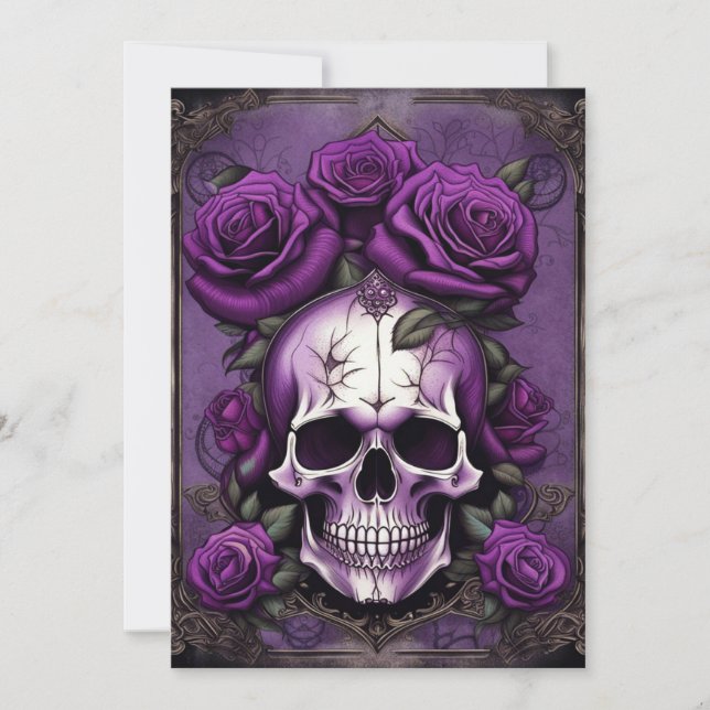 Purple Skull and Roses Gothic Elegance Wedding Invitation (Front)