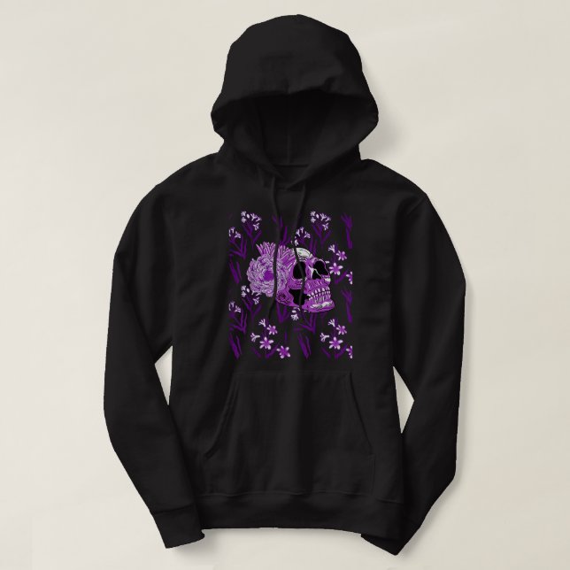 Purple Skull Flower Cool Floral Scary Halloween Go Hoodie (Design Front)