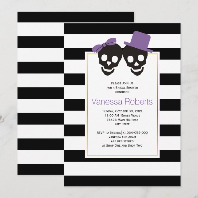 Purple skulls and stripes wedding bridal shower invitation (Front/Back)