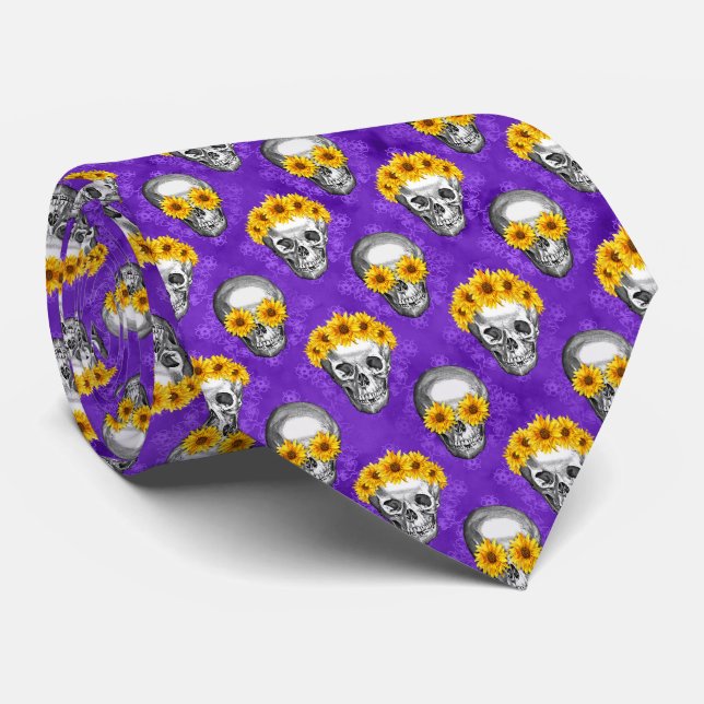 Purple Skulls and Sunflower Series Design 10 Tie (Rolled)