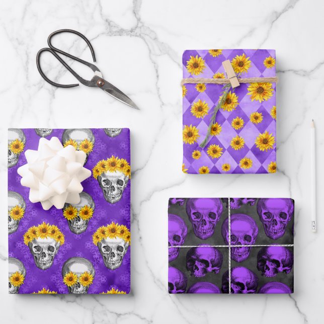 Purple Skulls and Sunflower Series Design 10  Wrapping Paper Sheet (Front)