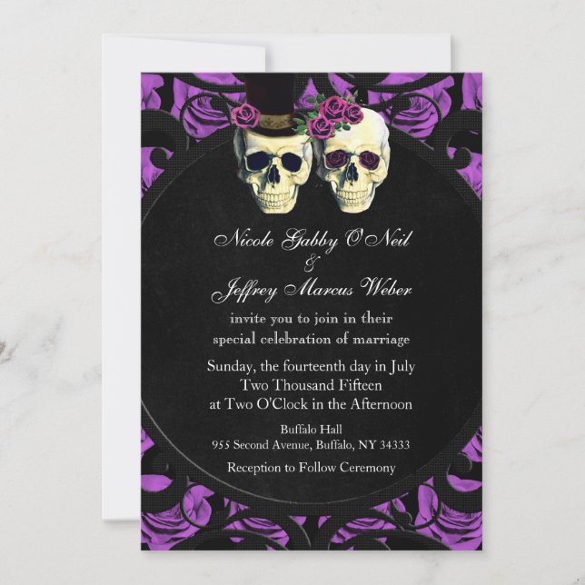 Purple Skulls Bride & Groom Wedding Invitation (Front)