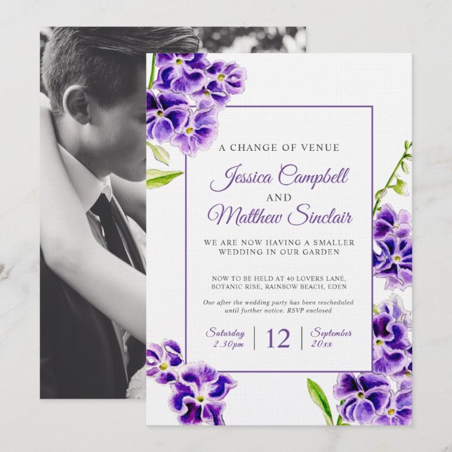 Purple sky flowers change of venue wedding invitation (Front/Back)